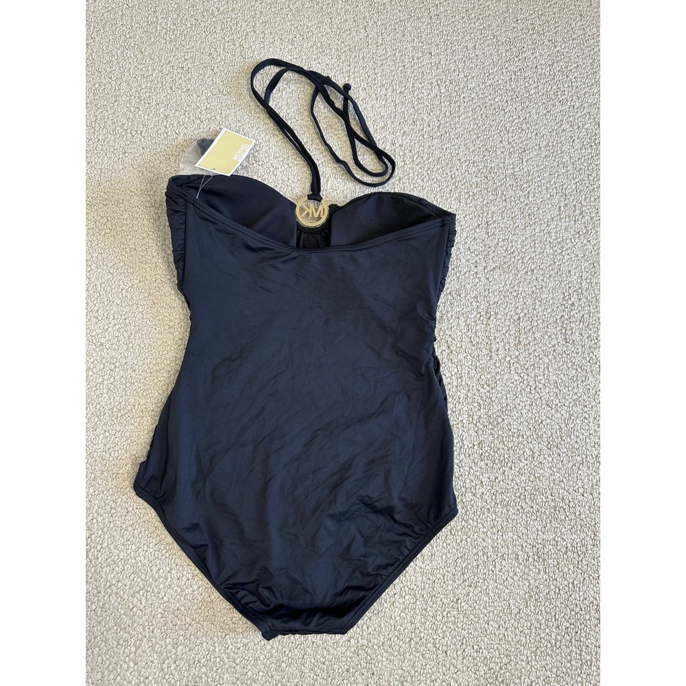 Michael Kors Bandeau One Piece Swimsuit Ruched MK Logo Size 10 Black - Picture 2 of 8
